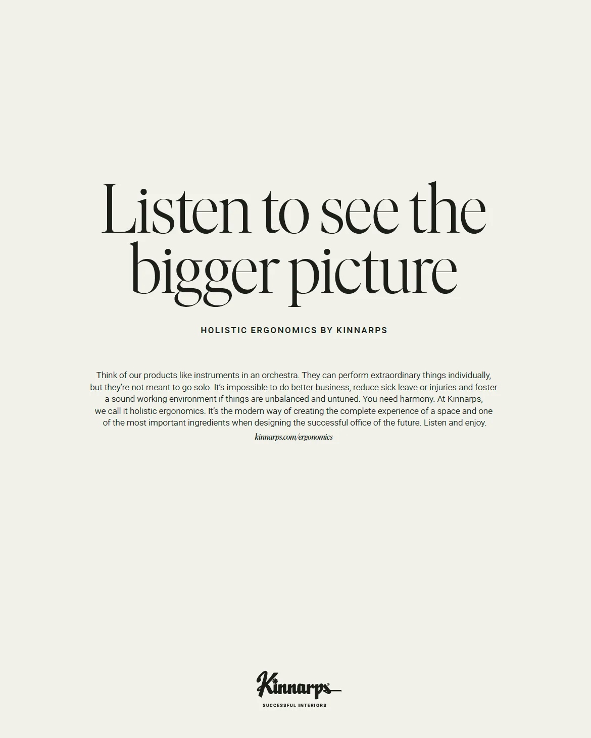 Poster, vit bakgrund med texten "Listen to see the bigger picture". Ny Studio