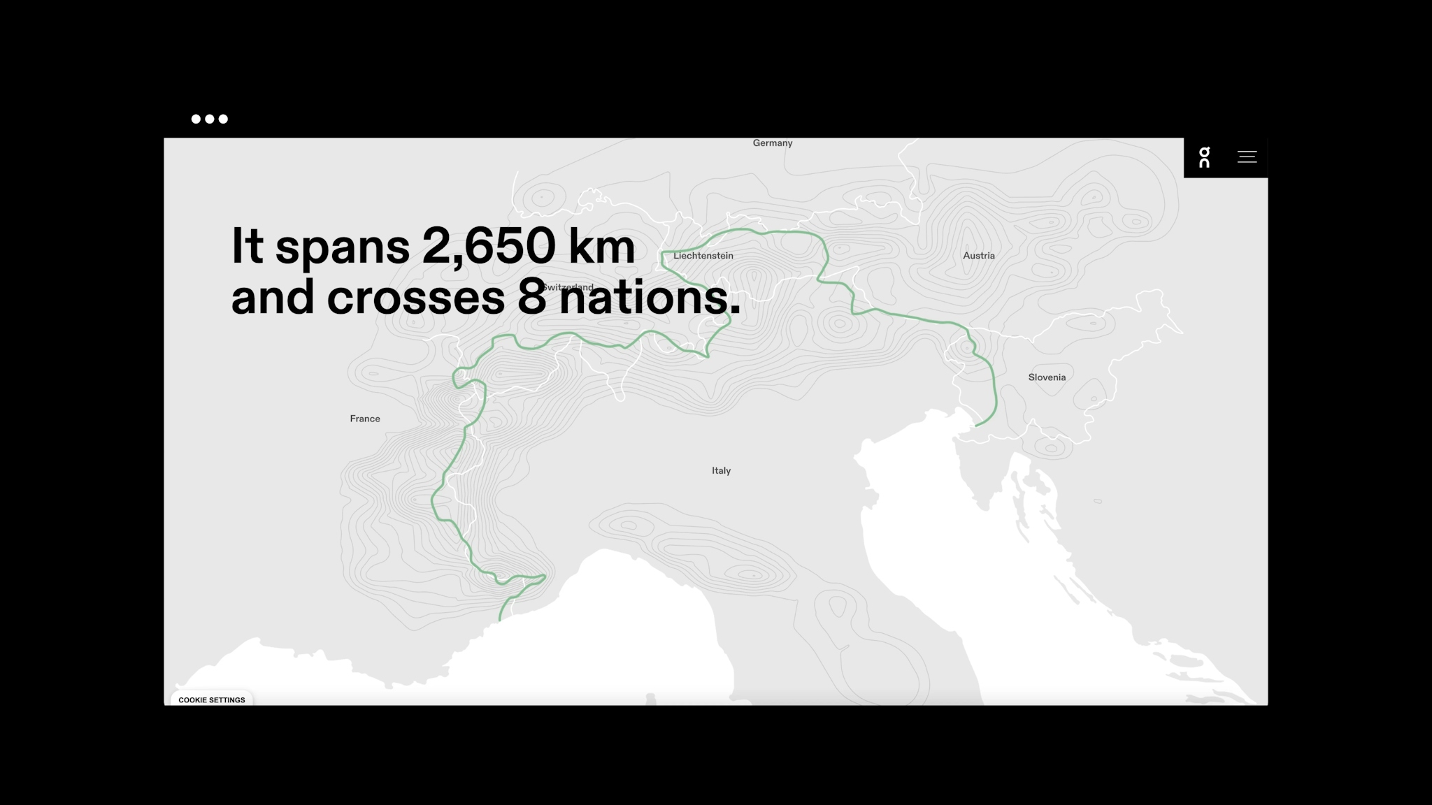 En karta över italien med svart text "It spans 2,650 km and crosses 8 nations"