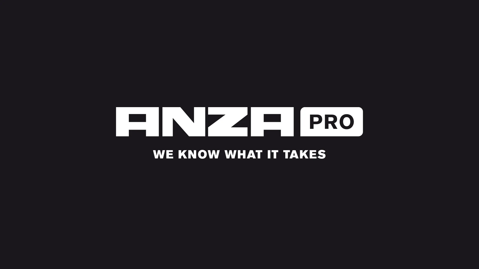 Svart bakgrund med vit Anza pro logotyp.