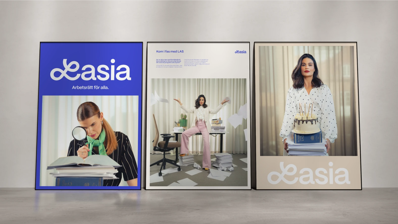 Lasia – Arbetsrätt för alla. Tre exemplar på hur tavlor kan se ut med motiv från Lasias nya identitet. 