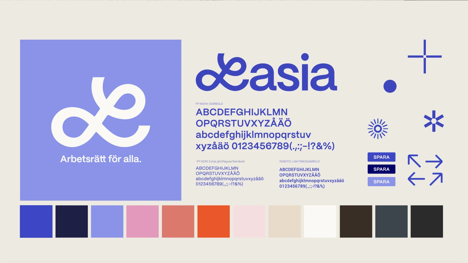 Lasia – Arbetsrätt för alla. Lasias nya identitet med färger, typsnitt och grafiska element.