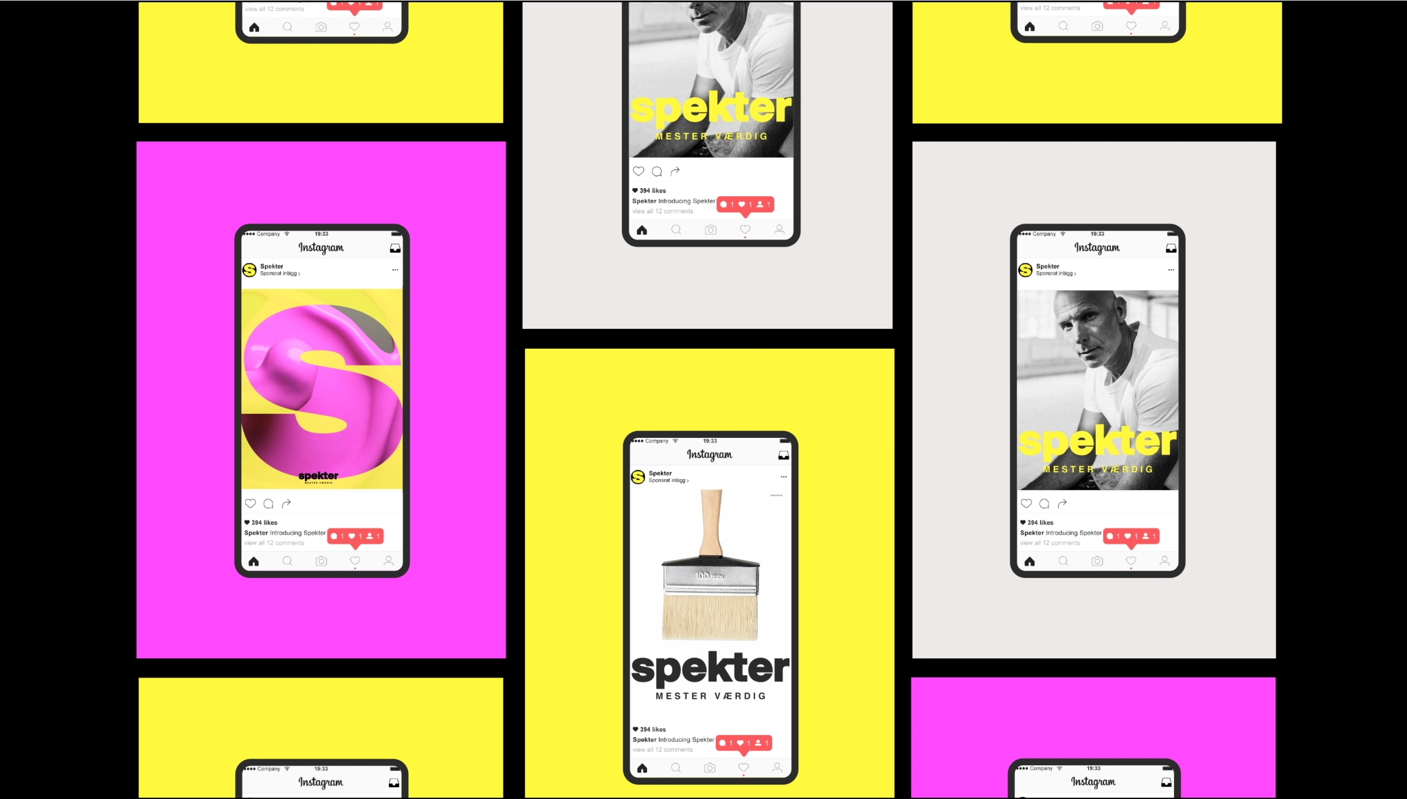 Mockup med telefoner och neon rosa och gul bakgrund. Telefonerna visar Spekter material
