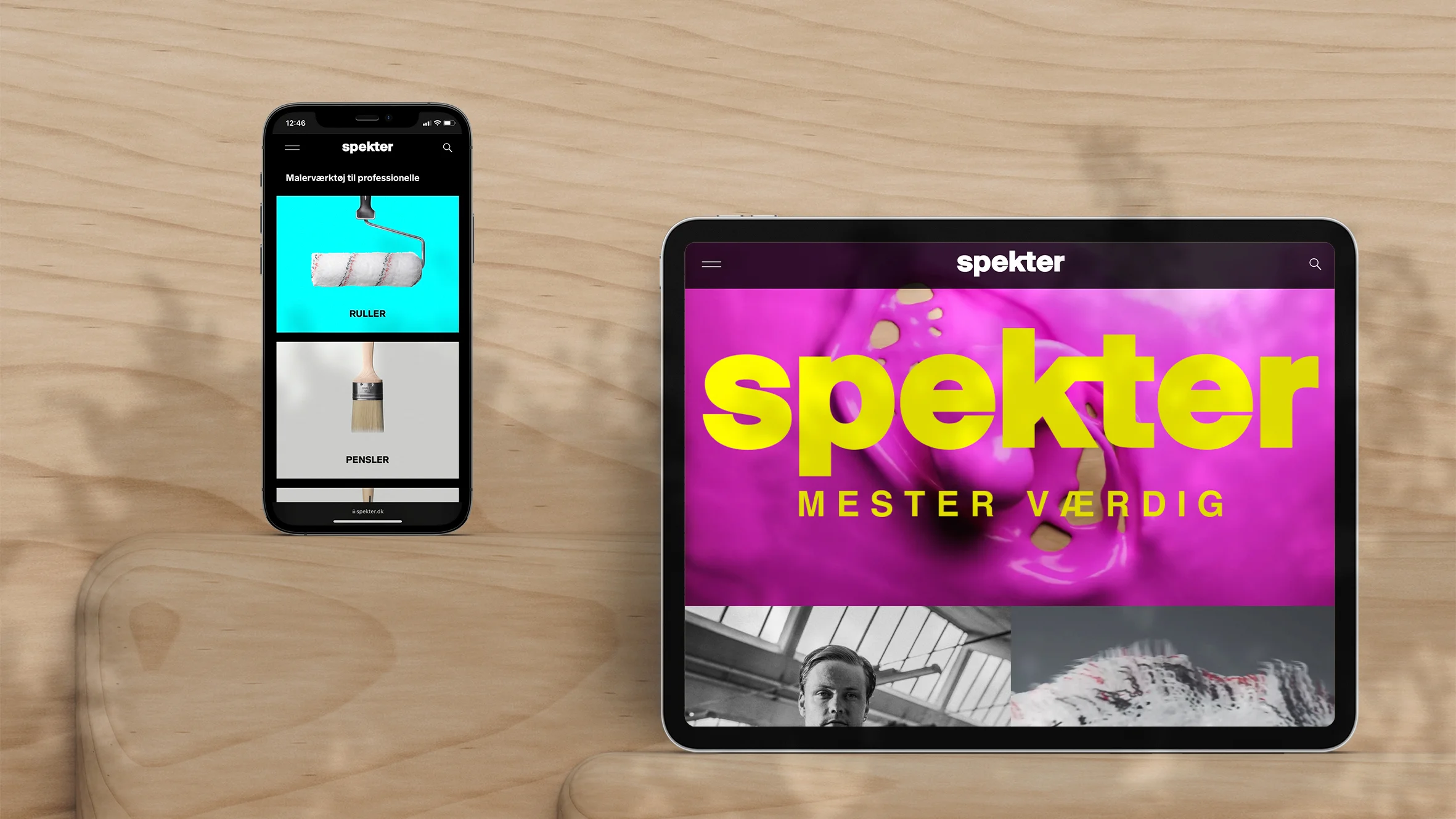 Mockup, iphone och ipad där man ser Spekter bildspel och branding
