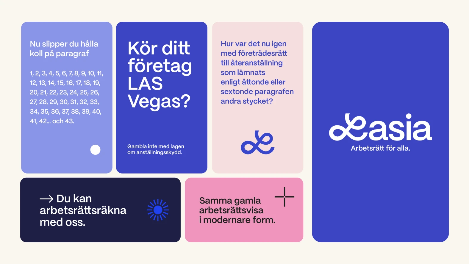 Lasia – Arbetsrätt för alla. Färger och typsnitt från identiteten. Ett modernt techbolag för en hållbar och enklare arbetsmarknad.