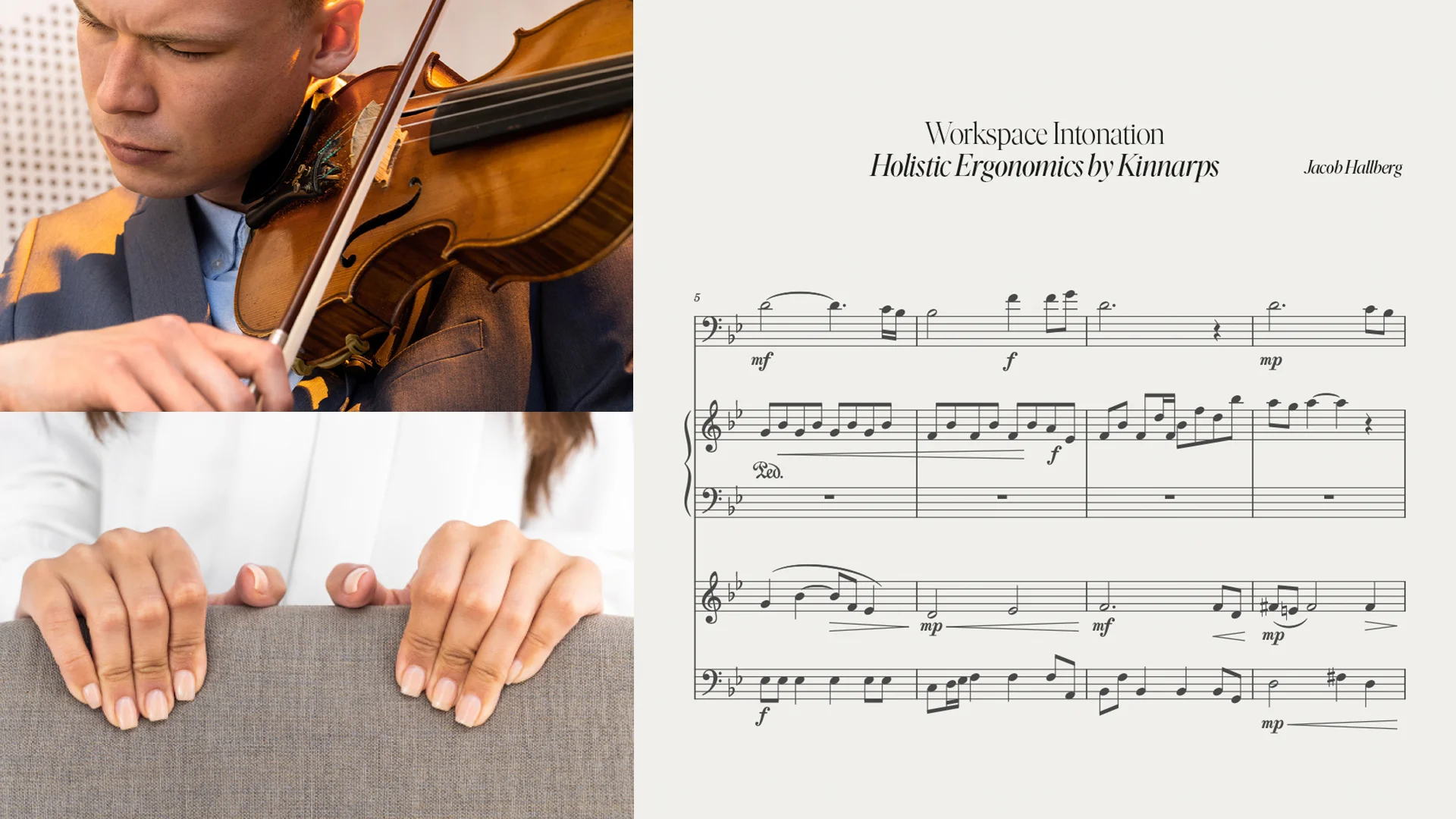 Collage med en kille som spelar fiol, ett uppslaget nothäfte och en kvinna som greppar ryggen av en stol