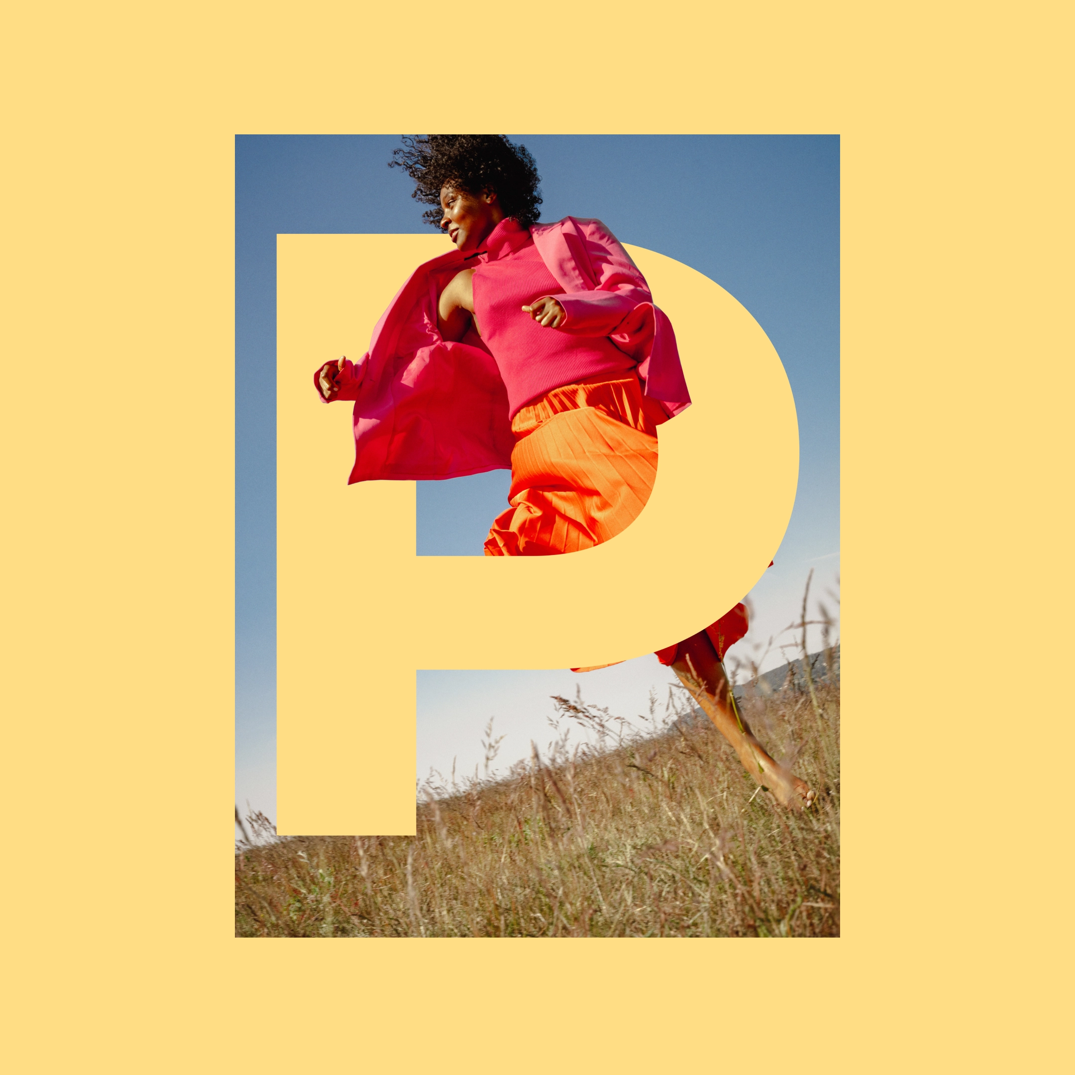 Woman in orange and red dress running across a field with a yellow P displayed over the picture - Ny Studio
