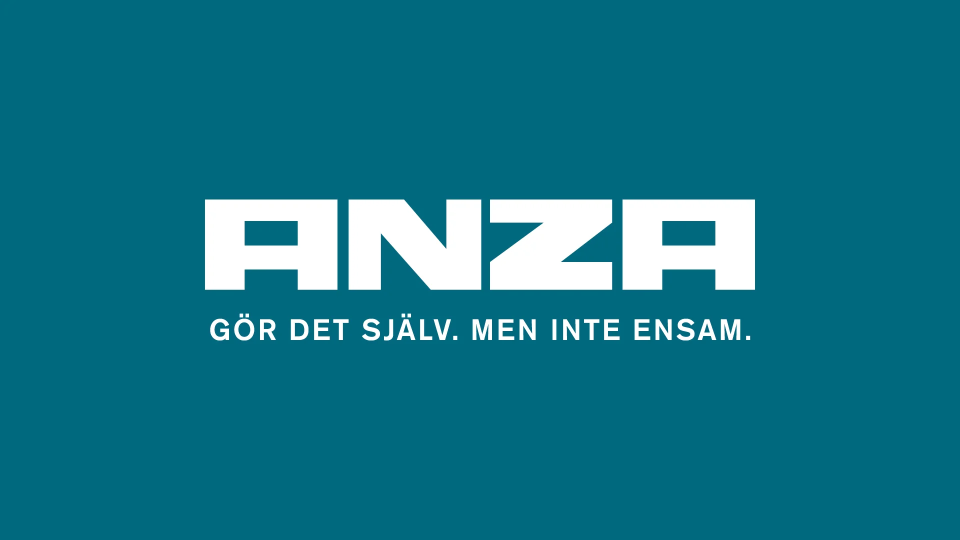 Anza logotyp, "Gör det själv, men inte ensam" vit tjock text framför blågrön bakgrund