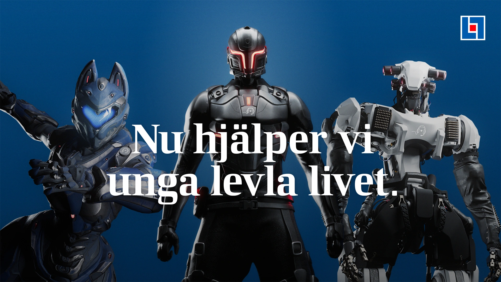 Omslag med 3 spelkaraktärer med blå bakgrund och en rubriktext