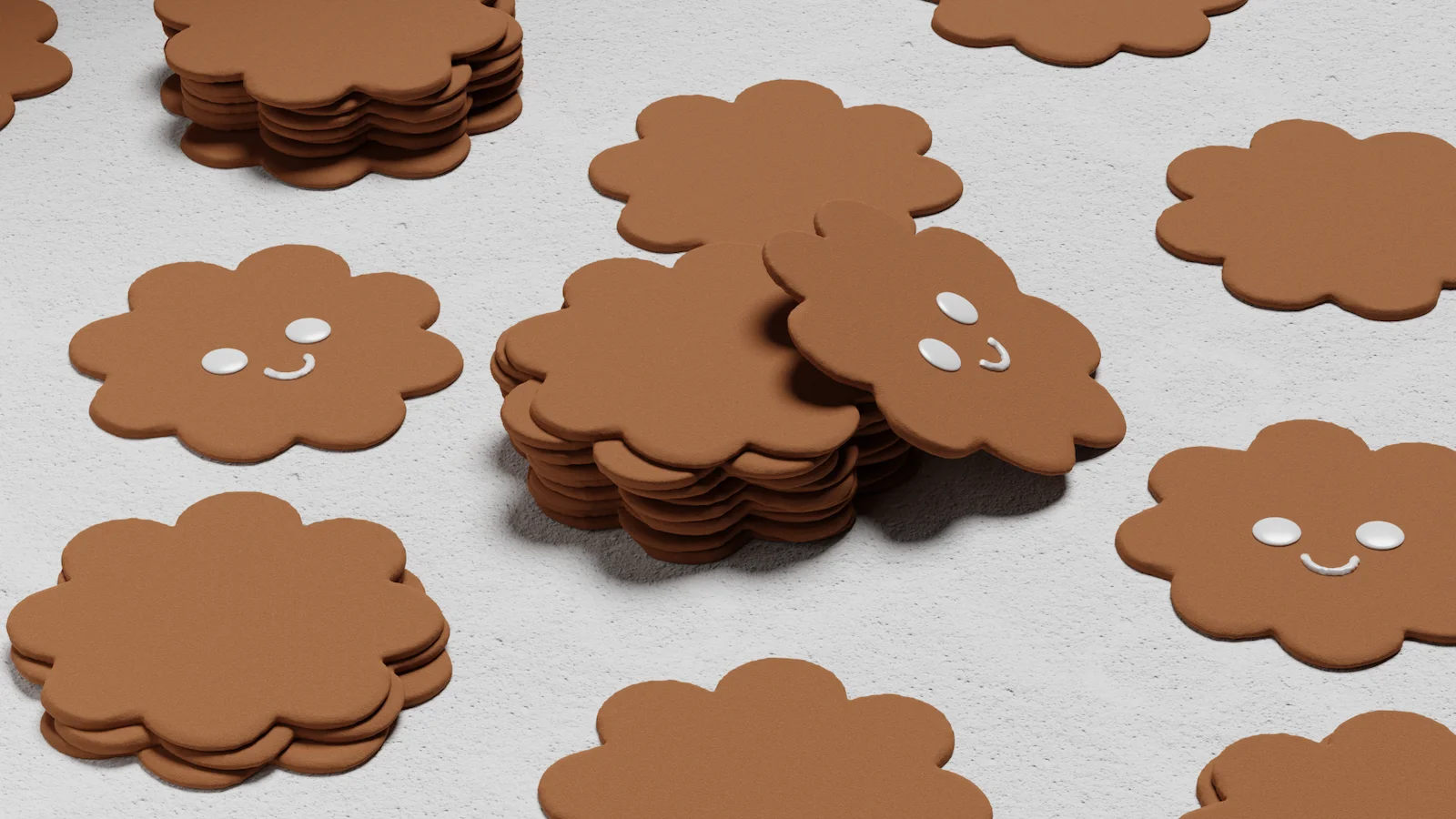 Klassiska pepparkakor formade blommor utspridda på ett en ljus bakgrund. Tre stycken har två kristyr cirklar till ögon och ett streck som mun