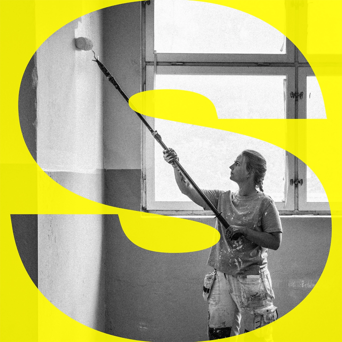Woman painting a wall  and a cutout of the letter S on top of the image with yellow borders