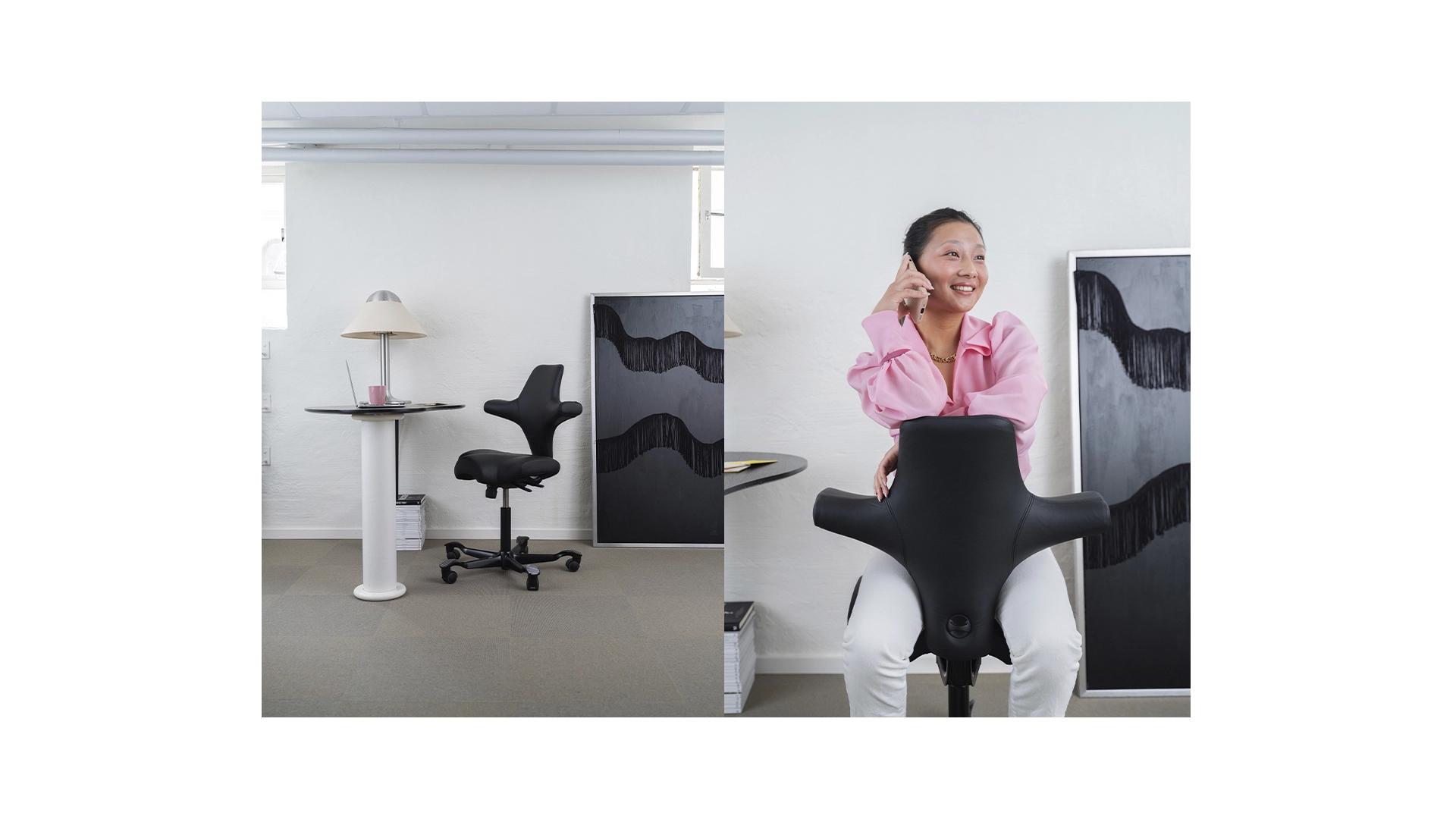 Two pictures, left a student room with office chair, painting and table. To the right, a woman in the room sits on a black office chair
