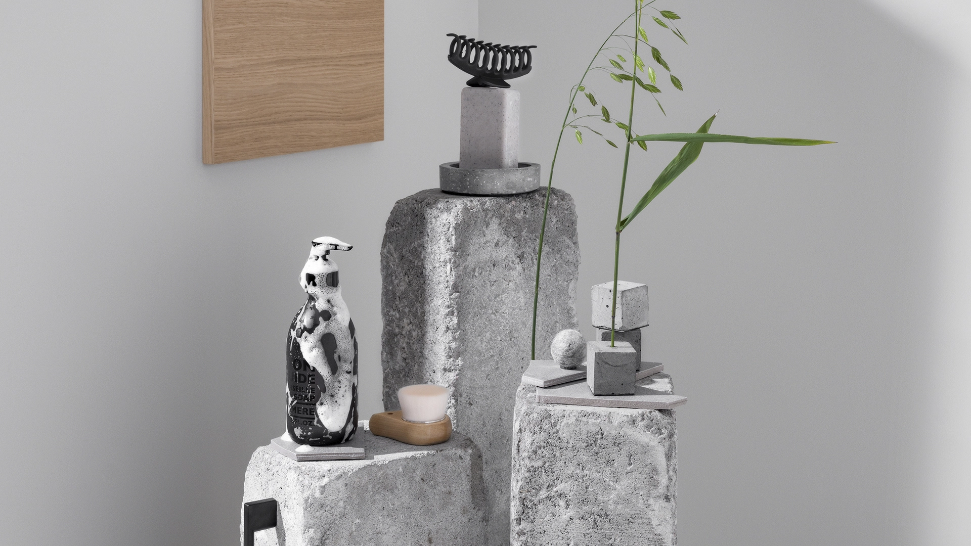 Styled luxury corner, with varying concrete finishes for a textural, balanced look.
