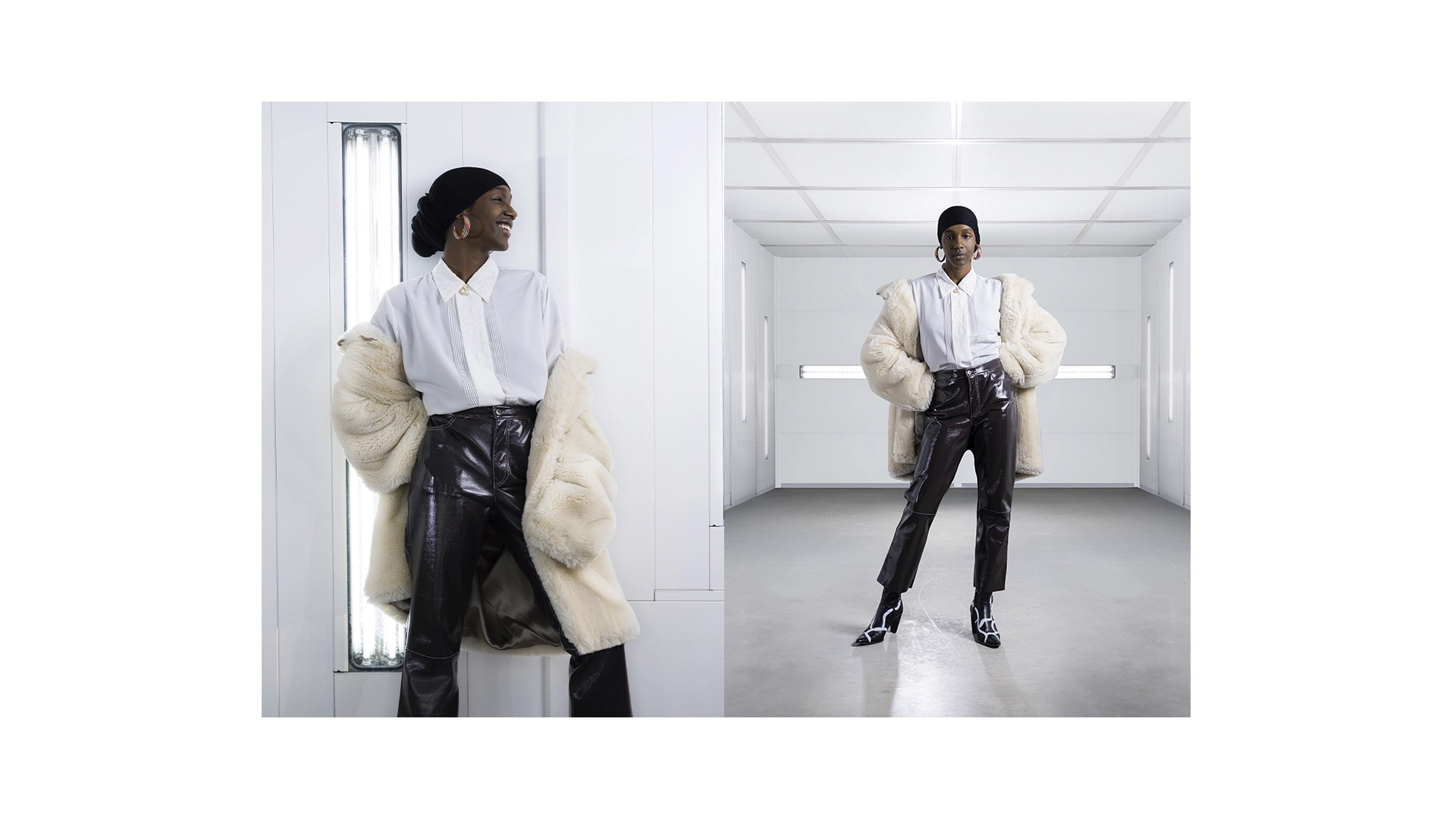 Two photos of woman in white fur jacket, white blouse