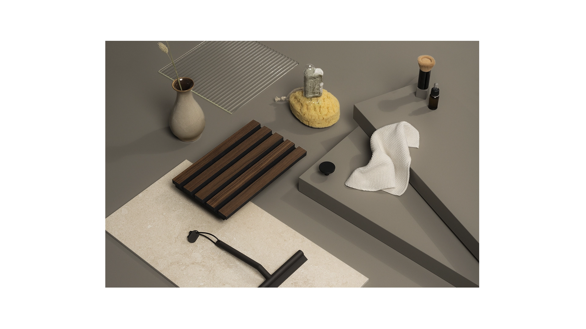  Furnishings and objects for a stylish neutral bathroom. Floor scraper, hazelnut wooden planks, soap, steel grate, shower sponge, white towel, large gray tiles
