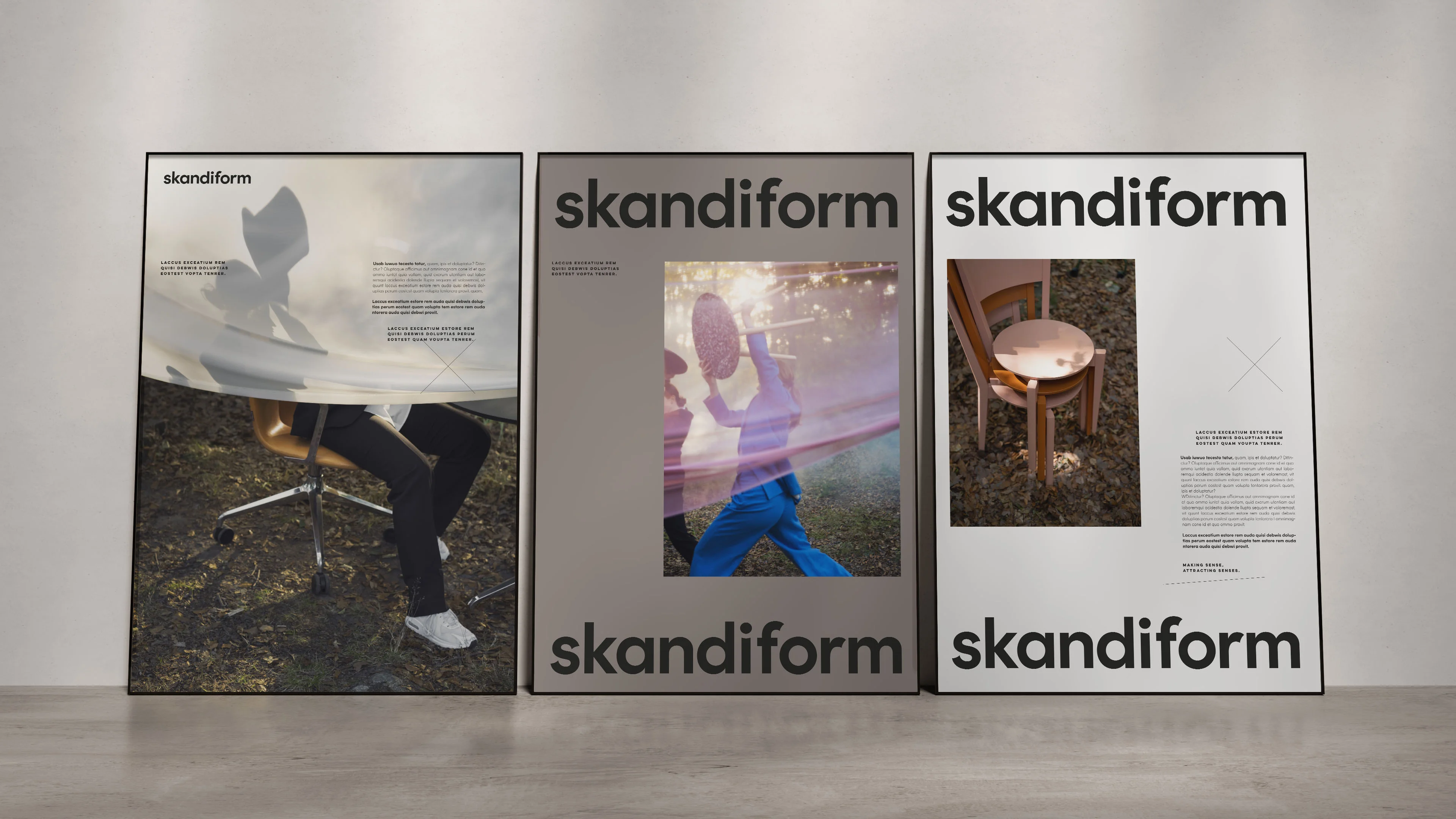 Tre mockup bilder i tre olika tavelramar som visar Skandiform koncept