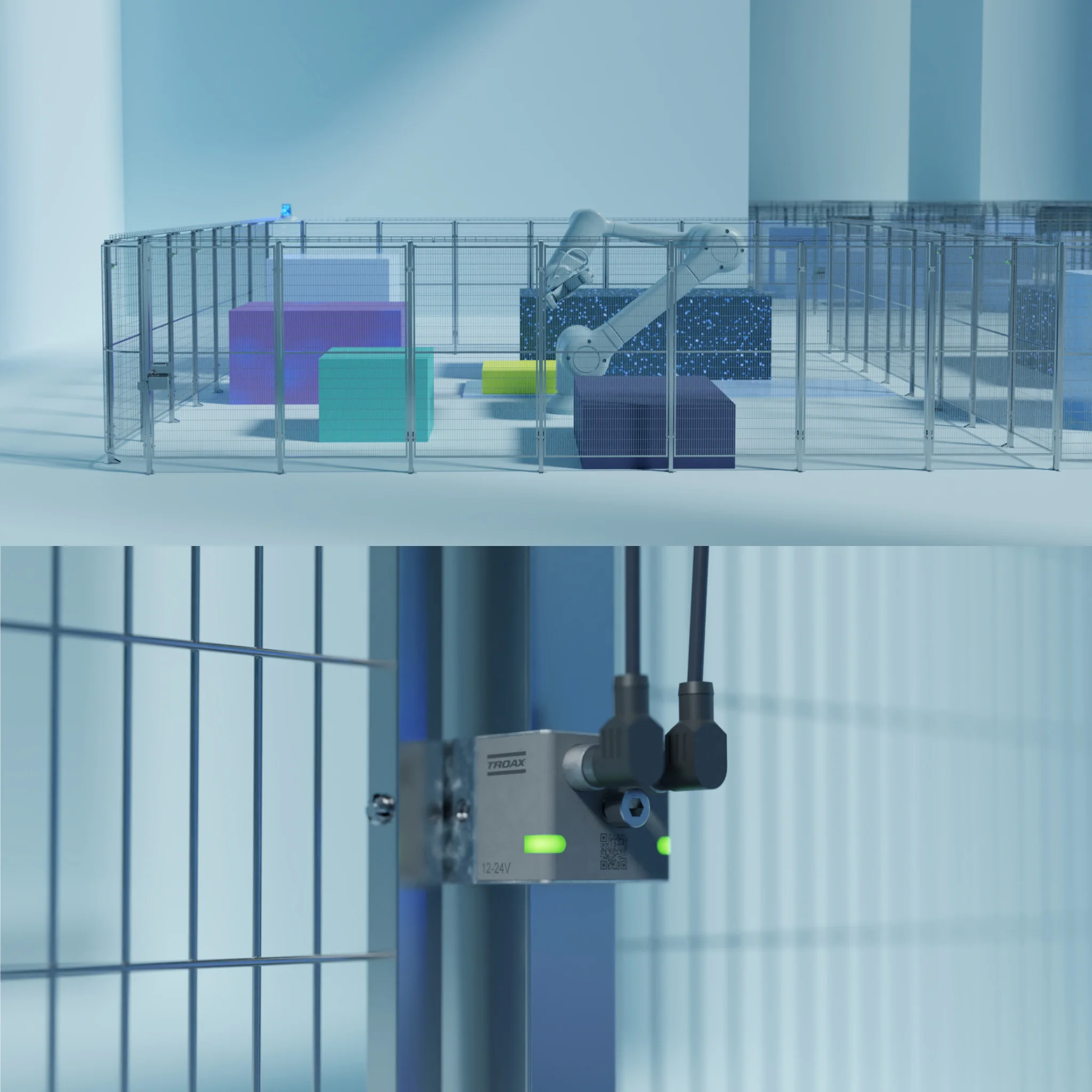 Varumärkesbild, 3D renderad, Troax Panel Detection: Patentsökt teknologi för automatisk övervakning av maskinskydd.