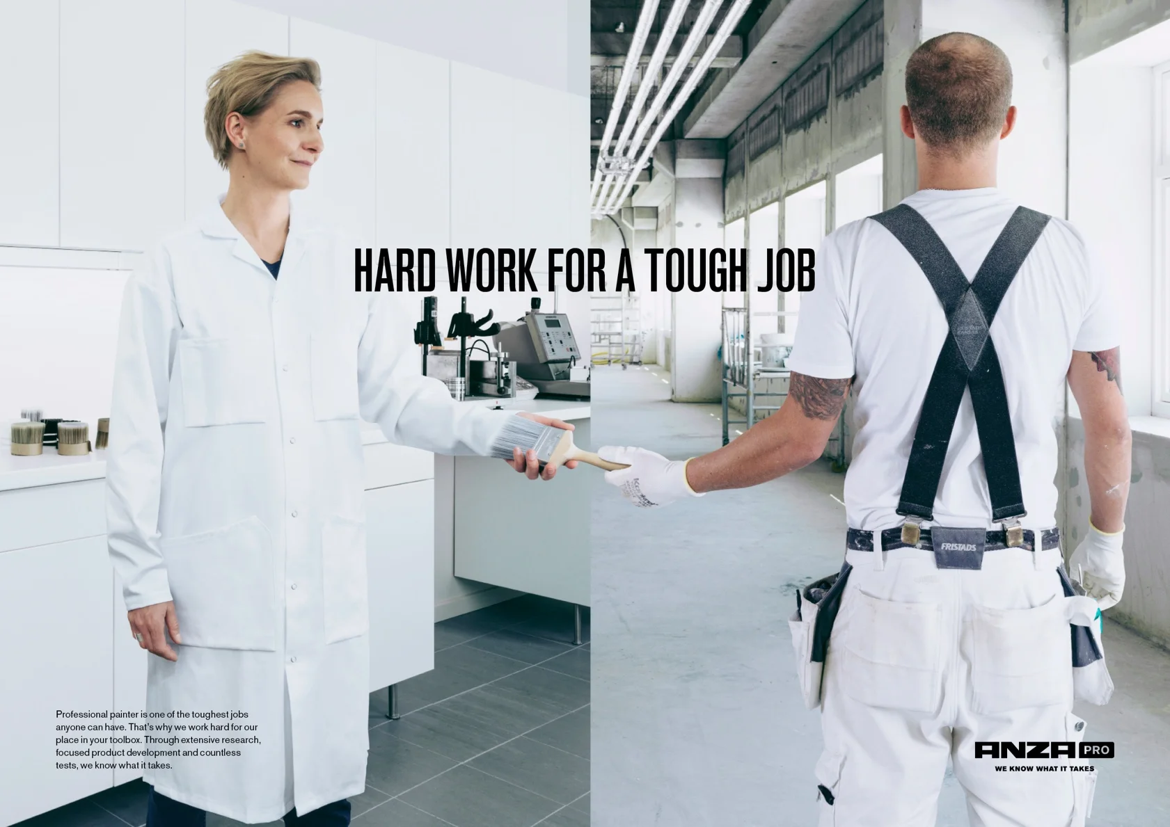 Färgforskare räcker pensel till en målare. "hard work for a though job" står skrivet med svart text - Ny Studio