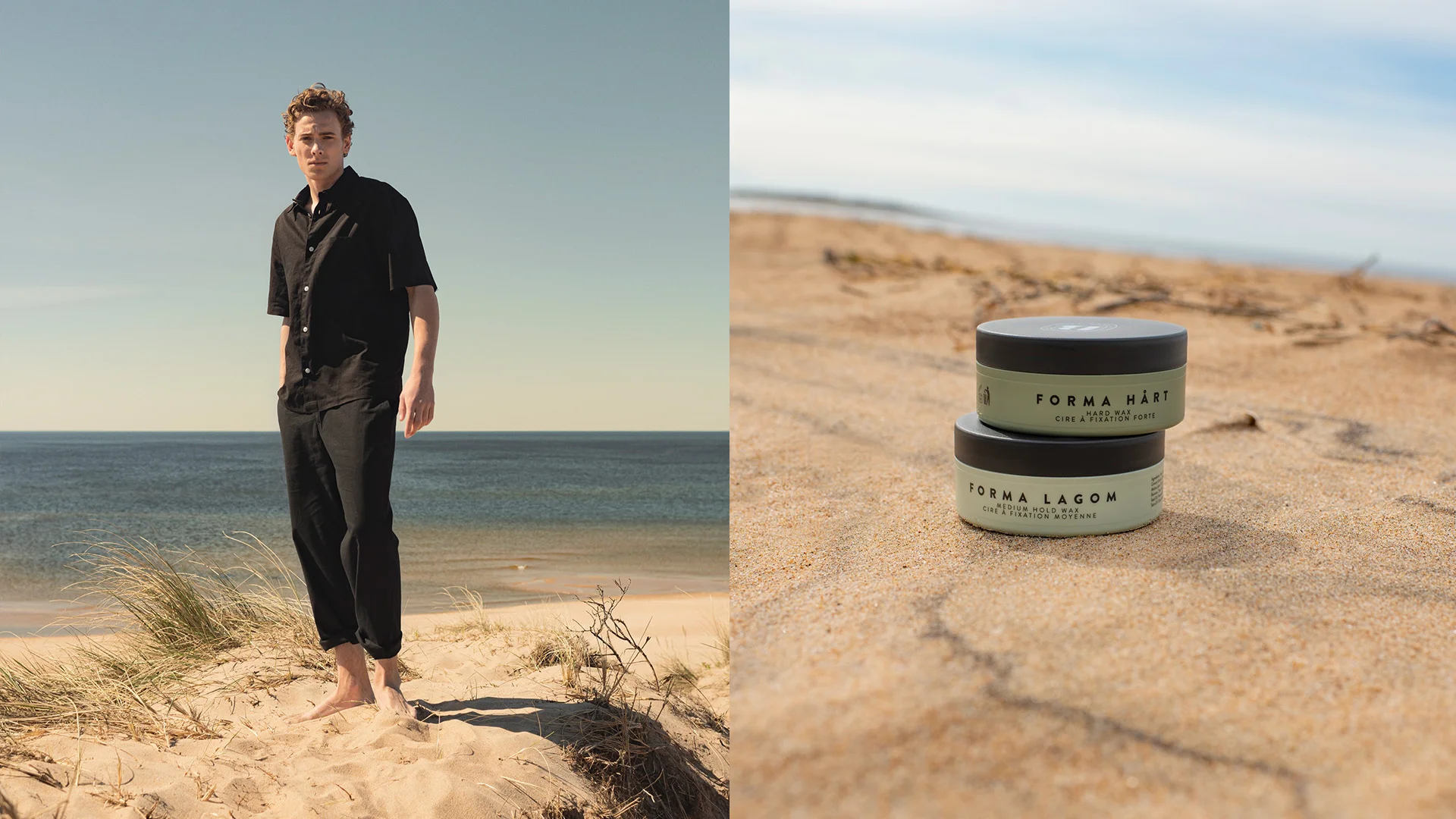 Man står barfota på en strand och en bild på 2 stycken hårvaxburkar.