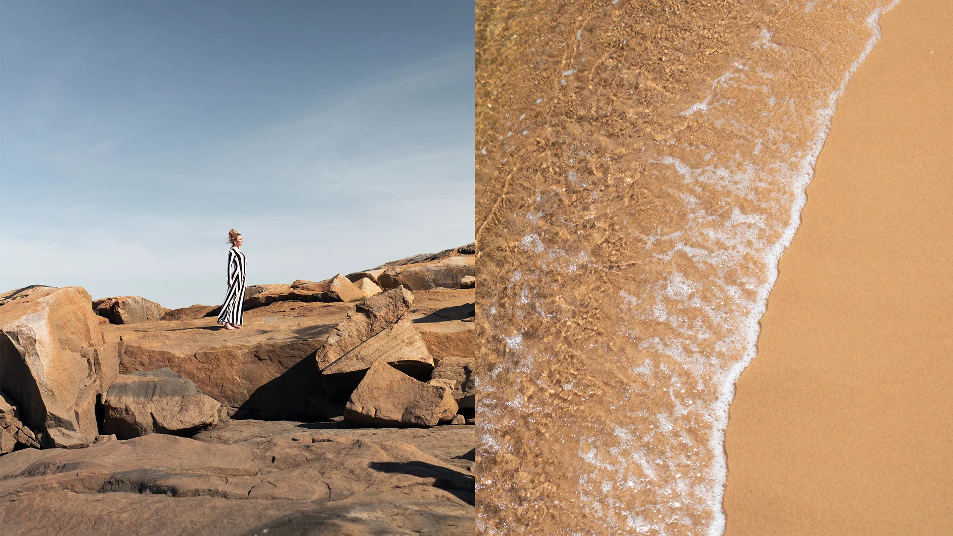en bild på en person som går på stenar och en bild på vatten på strandkanten