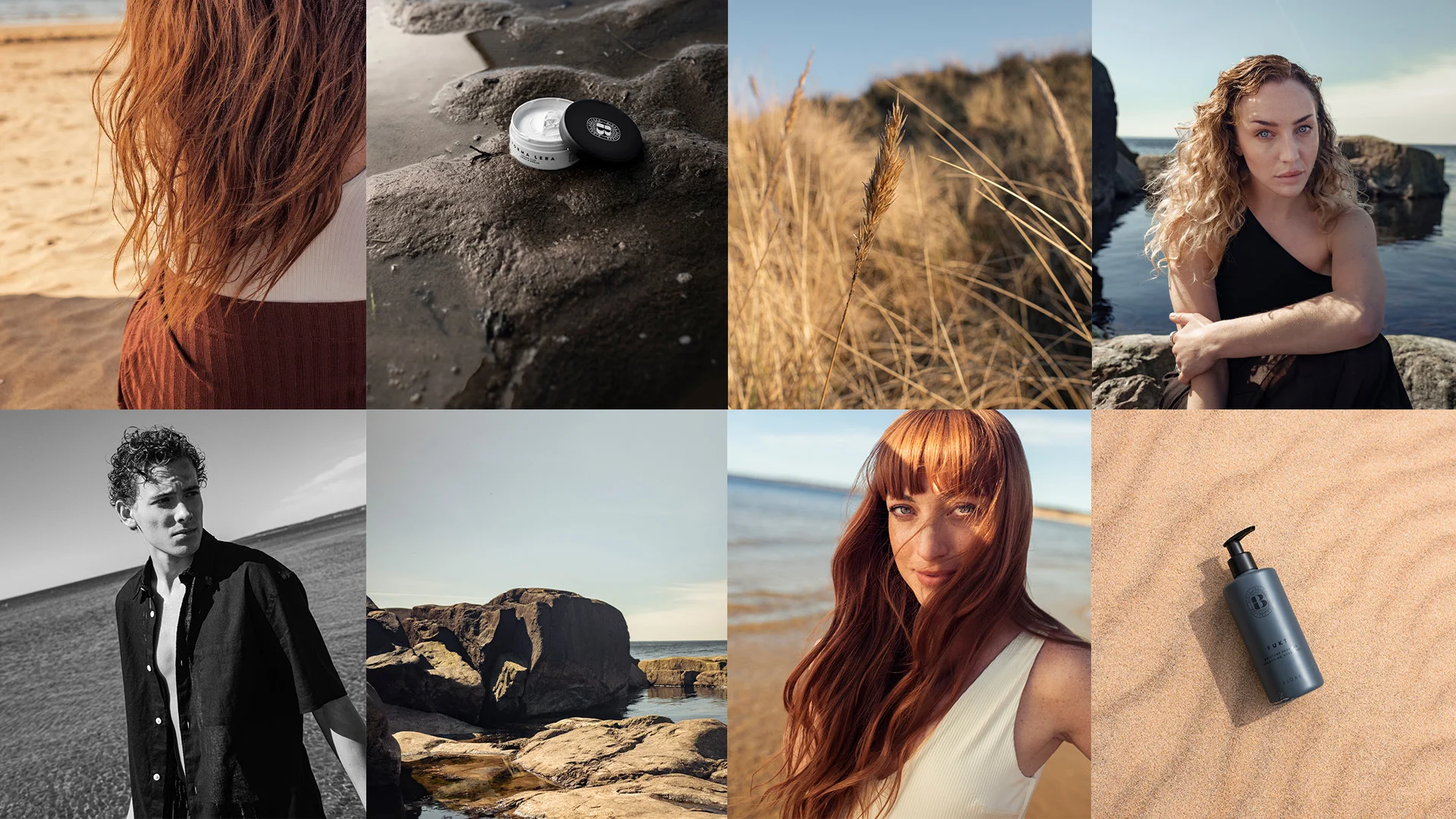 8 bilder på personer och björk produkter på en strand i solen.