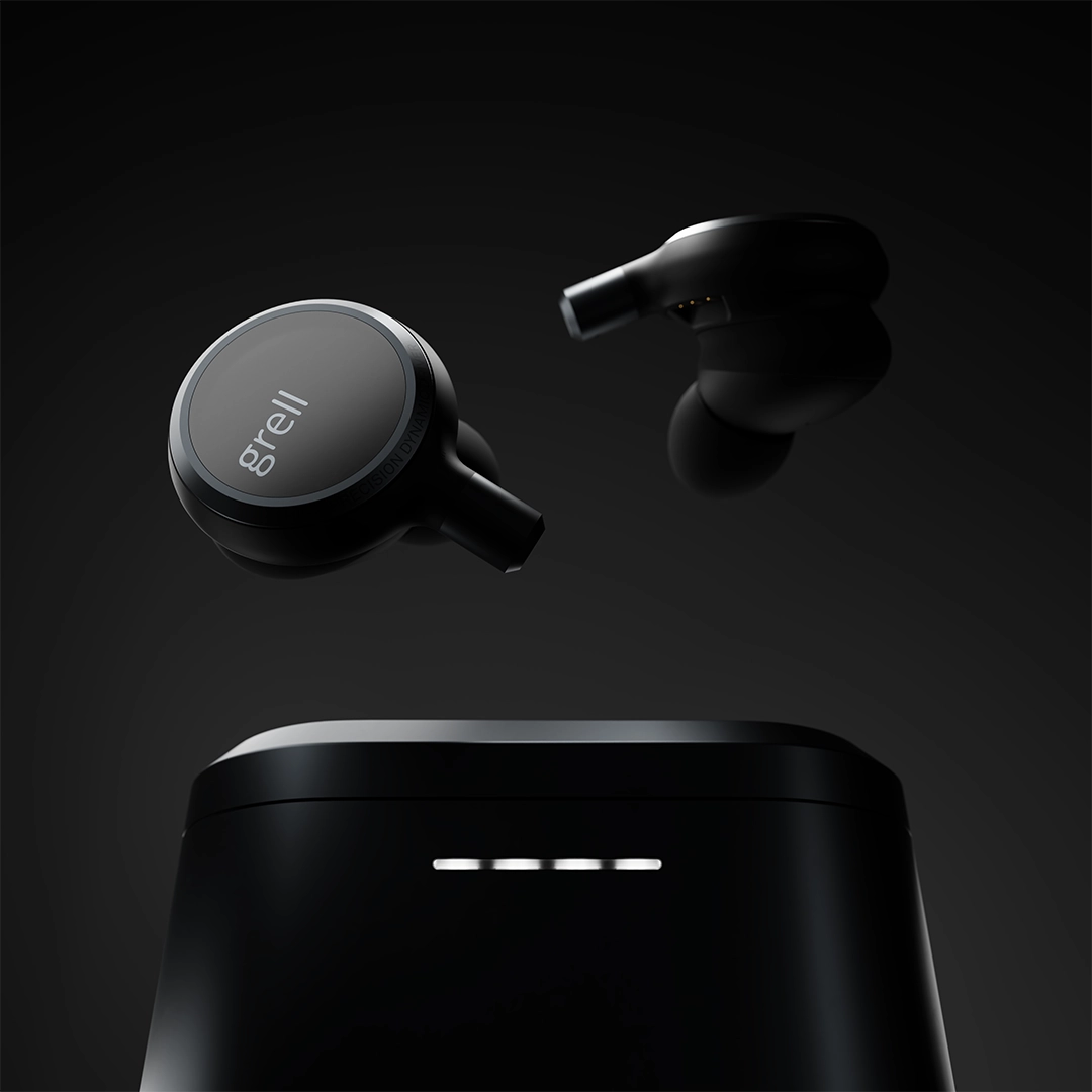 Produktbild på Grell In-Ear hörlurar modell TWS 1 med tillhörande fodral