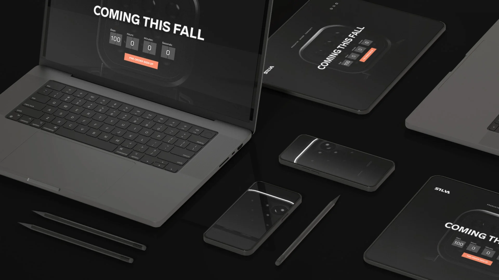 Mock up , teaser hemsida "coming this fall" visas på olika plattformar